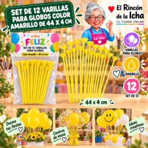 RI-0009807 Set de 12 Varillas para Globos Color Amarillo de 44 x 4 cm Feliz