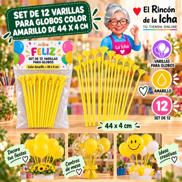 RI-0009807 Set de 12 Varillas para Globos Color Amarillo de 44 x 4 cm Feliz