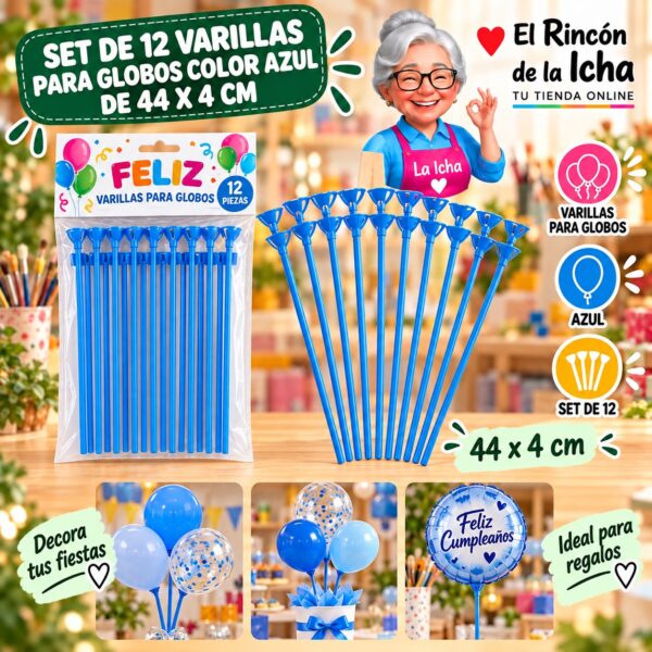 RI-0009808 Set de 12 Varillas para Globos Color Azul de 44 x 4 cm Feliz