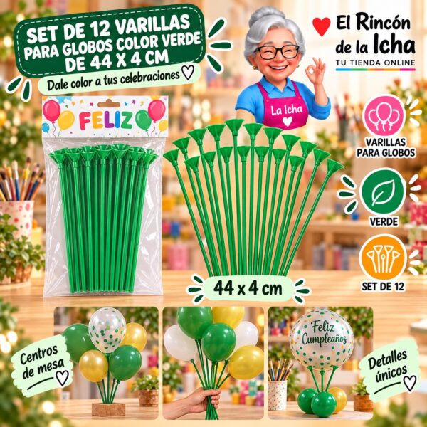 RI-0009809 Set de 12 Varillas para Globos Color Verde de 44 x 4 cm Feliz