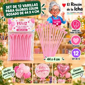 RI-0009810 Set de 12 Varillas para Globos Color Rosado de 44 x 4 cm Feliz