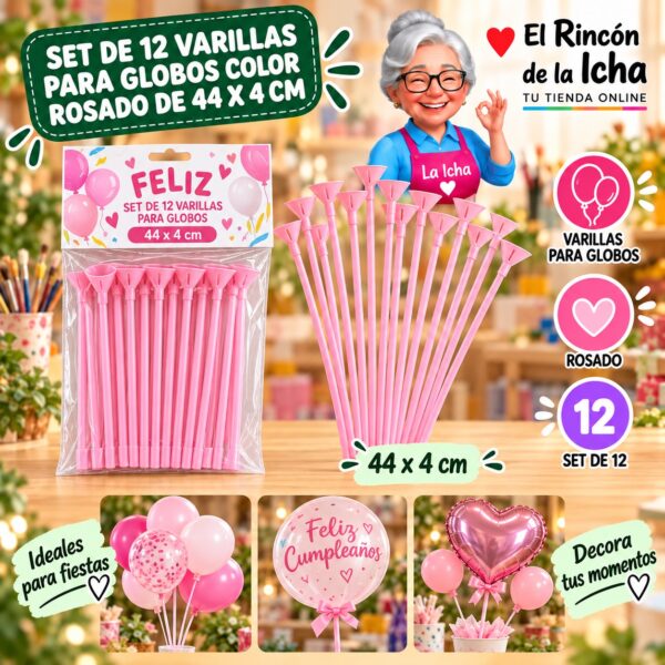 RI-0009810 Set de 12 Varillas para Globos Color Rosado de 44 x 4 cm Feliz