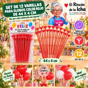 RI-0009811 Set de 12 Varillas para Globos Color Rojo de 44 x 4 cm Feliz