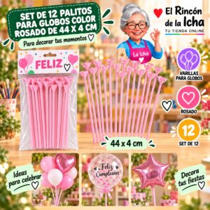 RI-0009812 Set de 12 Palitos para Globos Color Rosado de 44 x 4 cm Feliz