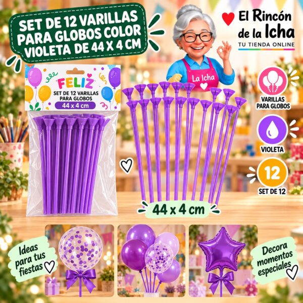 RI-0009813 Set de 12 Varillas para Globos Color Violeta de 44 x 4 cm Feliz