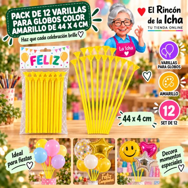 RI-0009814 Pack de 12 Varillas para Globos Color Amarillo de 44 x 4 cm Feliz