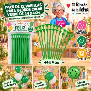 RI-0009815 Pack de 12 Varillas para Globos Color Verde de 44 x 4 cm Feliz