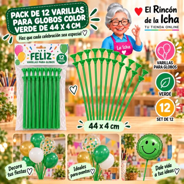 RI-0009815 Pack de 12 Varillas para Globos Color Verde de 44 x 4 cm Feliz