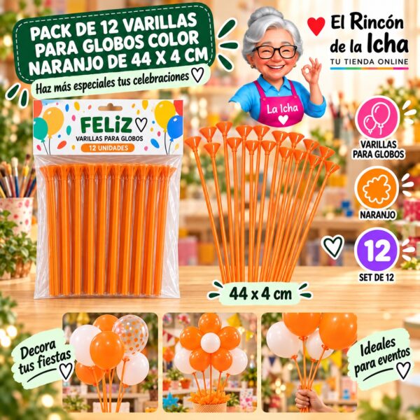 RI-0009816 Pack de 12 Varillas para Globos Color Naranjo de 44 x 4 cm Feliz