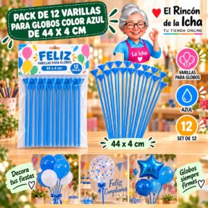 RI-0009817 Pack de 12 Varillas para Globos Color Azul de 44 x 4 cm Feliz