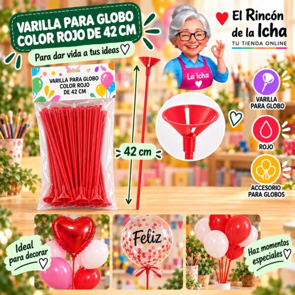 RI-0009821 Varilla para Globo Color Rojo de 42 cm Feliz