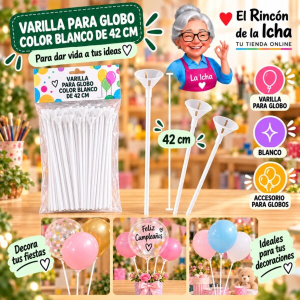 RI-0009823 Varilla para Globo Color Blanco de 42 cm Feliz