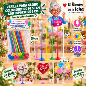 RI-0009824 Varilla para Globo Color Surtido de 50 cm con Soporte de 6 cm Feliz