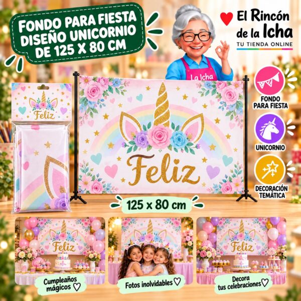 RI-0009825 Fondo para Fiesta Diseño Unicornio de 125 x 80 cm Feliz