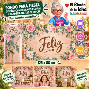 RI-0009826 Fondo para Fiesta Diseño Cumpleaños Floral y Madera de 125 x 80 cm Feliz