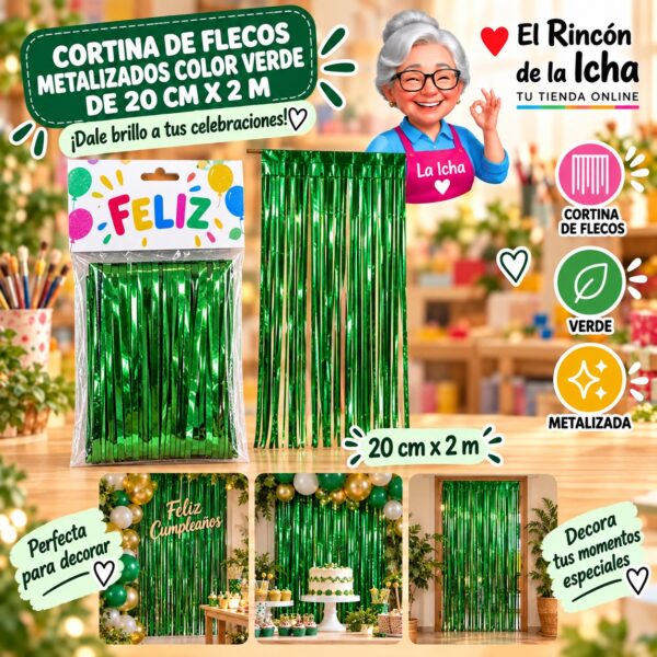 RI-0009828 Cortina de Flecos Metalizados Color Verde de 20 cm x 2 m Feliz