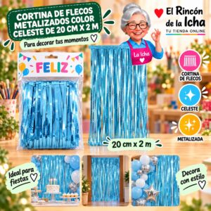 RI-0009830 Cortina de Flecos Metalizados Color Celeste de 20 cm x 2 m Feliz