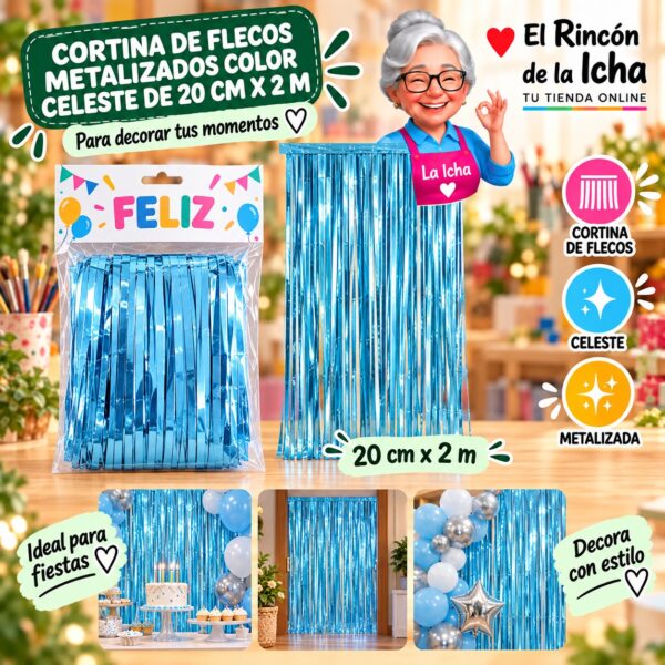RI-0009830 Cortina de Flecos Metalizados Color Celeste de 20 cm x 2 m Feliz