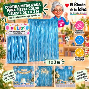 RI-0009831 Cortina Metalizada para Fiesta Color Celeste de 1 x 3 m Feliz