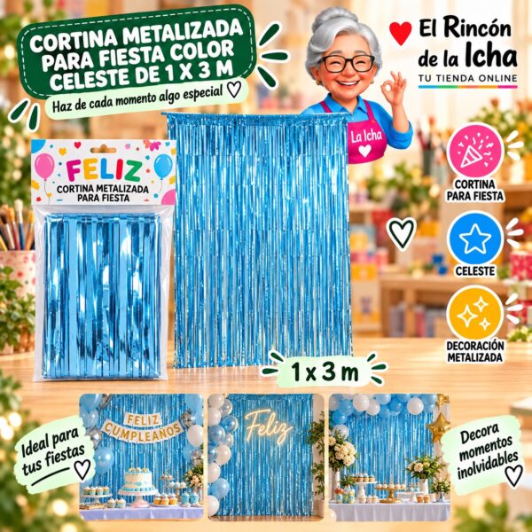 RI-0009831 Cortina Metalizada para Fiesta Color Celeste de 1 x 3 m Feliz