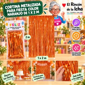 RI-0009832 Cortina Metalizada para Fiesta Color Naranjo de 1 x 2 m Feliz