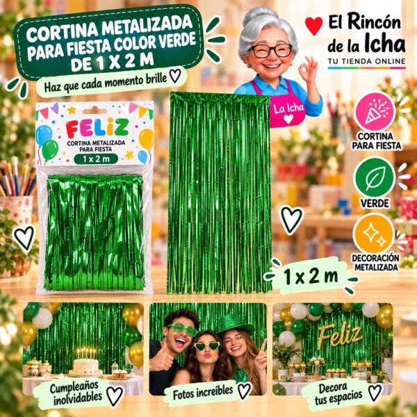 RI-0009833 Cortina Metalizada para Fiesta Color Verde de 1 x 2 m Feliz