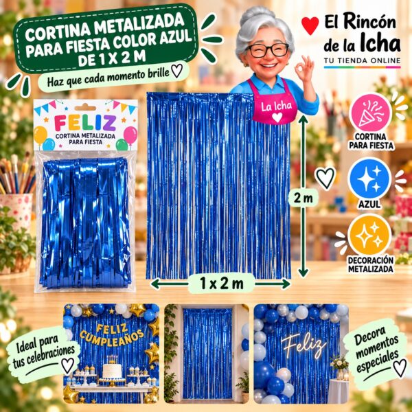 RI-0009834 Cortina Metalizada para Fiesta Color Azul de 1 x 2 m Feliz