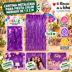 RI-0009835 Cortina Metalizada para Fiesta Color Morado de 1 x 2 m Feliz