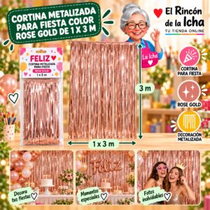 RI-0009836 Cortina Metalizada para Fiesta Color Rose Gold de 1 x 3 m Feliz