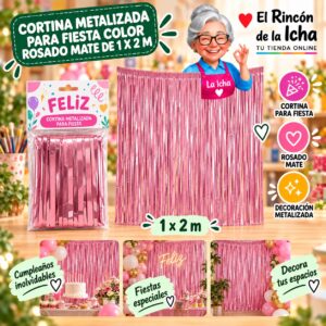 RI-0009837 Cortina Metalizada para Fiesta Color Rosado Mate de 1 x 2 m Feliz