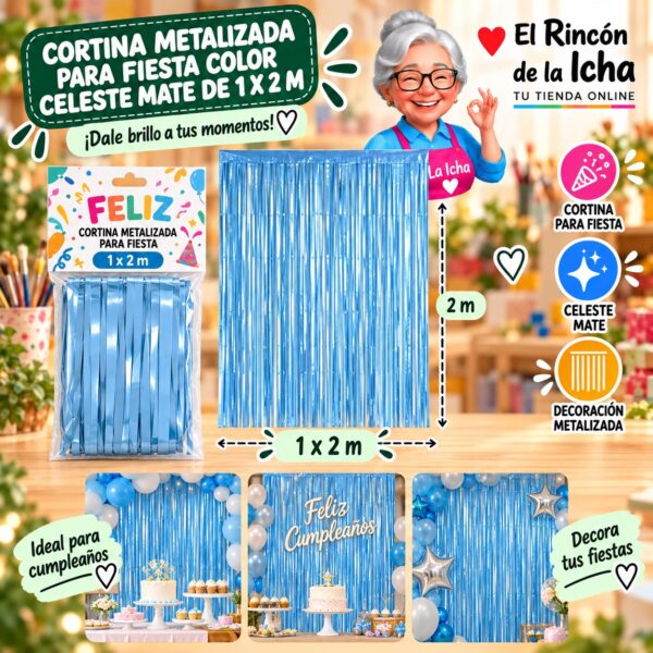 RI-0009838 Cortina Metalizada para Fiesta Color Celeste Mate de 1 x 2 m Feliz