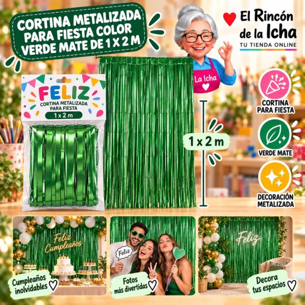 RI-0009839 Cortina Metalizada para Fiesta Color Verde Mate de 1 x 2 m Feliz