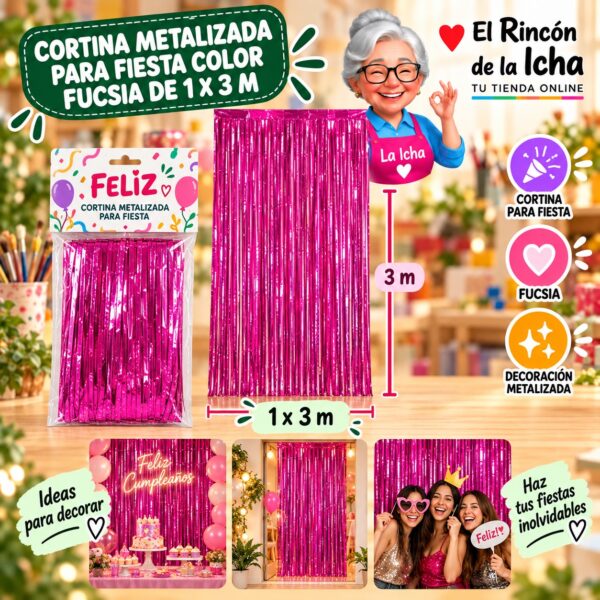 RI-0009840 Cortina Metalizada para Fiesta Color Fucsia de 1 x 3 m Feliz