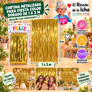 RI-0009841 Cortina Metalizada para Fiesta Color Dorado de 1 x 3 m Feliz