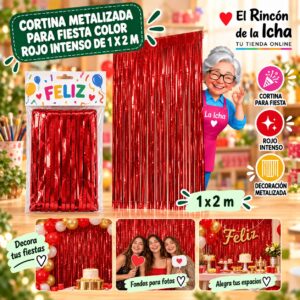 RI-0009842 Cortina Metalizada para Fiesta Color Rojo Intenso de 1 x 2 m Feliz