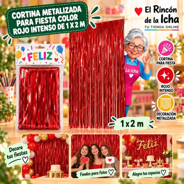 RI-0009842 Cortina Metalizada para Fiesta Color Rojo Intenso de 1 x 2 m Feliz
