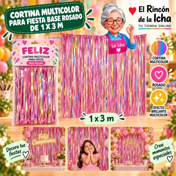 RI-0009844 Cortina Multicolor para Fiesta Base Rosado de 1 x 3 m Feliz