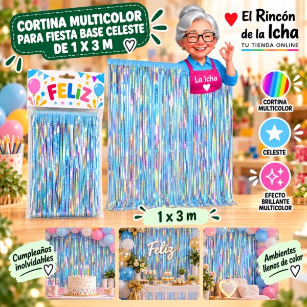 RI-0009845 Cortina Multicolor para Fiesta Base Celeste de 1 x 3 m Feliz
