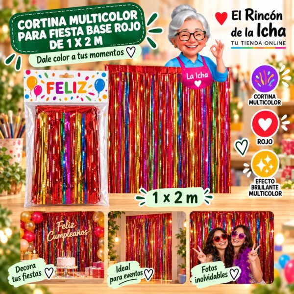 RI-0009846 Cortina Multicolor para Fiesta Base Rojo de 1 x 2 m Feliz