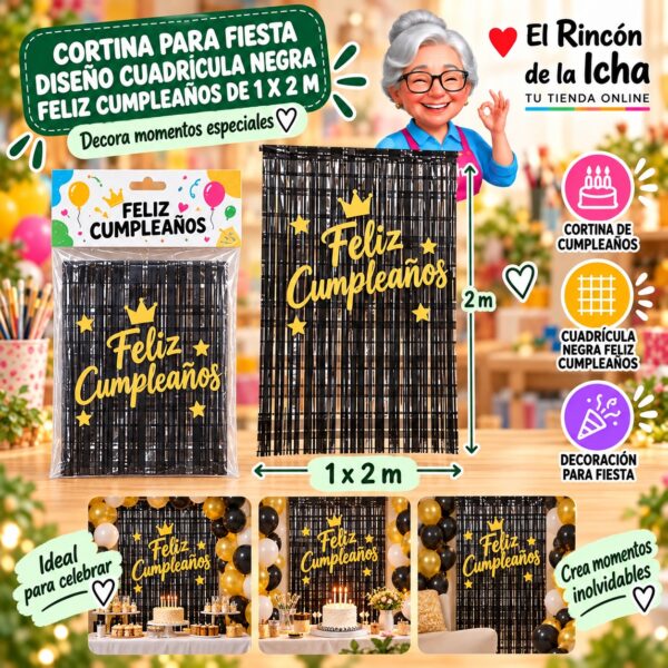 RI-0009847 Cortina para Fiesta Diseño Cuadrícula Negra Feliz Cumpleaños de 1 x 2 m Feliz
