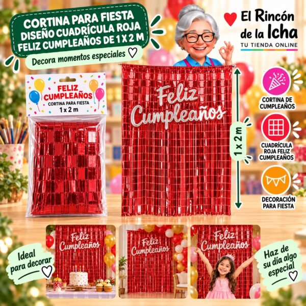 RI-0009848 Cortina para Fiesta Diseño Cuadrícula Roja Feliz Cumpleaños de 1 x 2 m Feliz