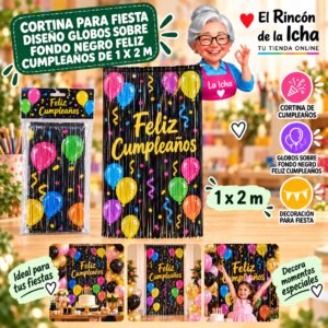RI-0009849 Cortina para Fiesta Diseño Globos sobre Fondo Negro Feliz Cumpleaños de 1 x 2 m Feliz