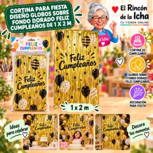 RI-0009850 Cortina para Fiesta Diseño Globos sobre Fondo Dorado Feliz Cumpleaños de 1 x 2 m Feliz