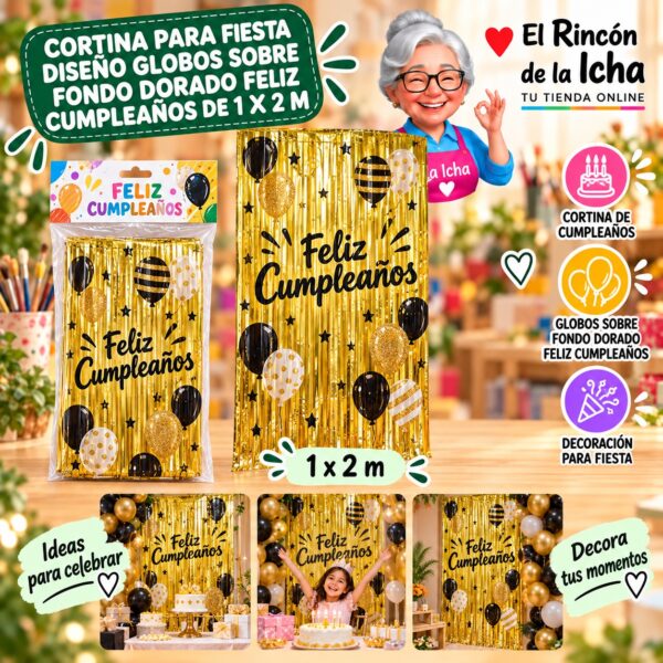 RI-0009850 Cortina para Fiesta Diseño Globos sobre Fondo Dorado Feliz Cumpleaños de 1 x 2 m Feliz