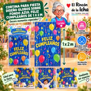 RI-0009851 Cortina para Fiesta Diseño Globos sobre Fondo Azul Feliz Cumpleaños de 1 x 2 m Feliz