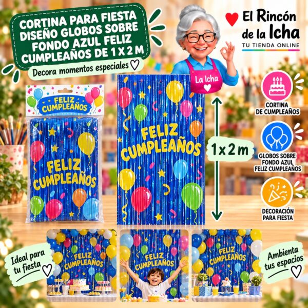 RI-0009851 Cortina para Fiesta Diseño Globos sobre Fondo Azul Feliz Cumpleaños de 1 x 2 m Feliz