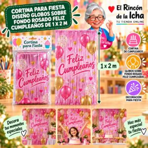 RI-0009852 Cortina para Fiesta Diseño Globos sobre Fondo Rosado Feliz Cumpleaños de 1 x 2 m Feliz