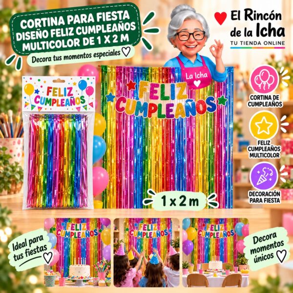 RI-0009853 Cortina para Fiesta Diseño Feliz Cumpleaños Multicolor de 1 x 2 m Feliz