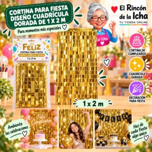RI-0009854 Cortina para Fiesta Diseño Cuadrícula Dorada de 1 x 2 m Feliz