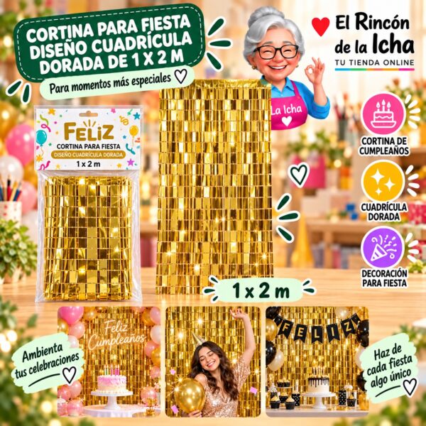 RI-0009854 Cortina para Fiesta Diseño Cuadrícula Dorada de 1 x 2 m Feliz